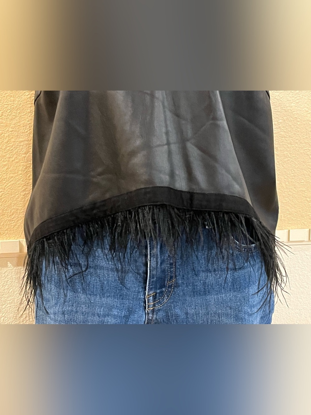 Anthropologie Hutch vegan leather tank top w/ ostrich feathers trim. Black. XL - Picture 2 of 9